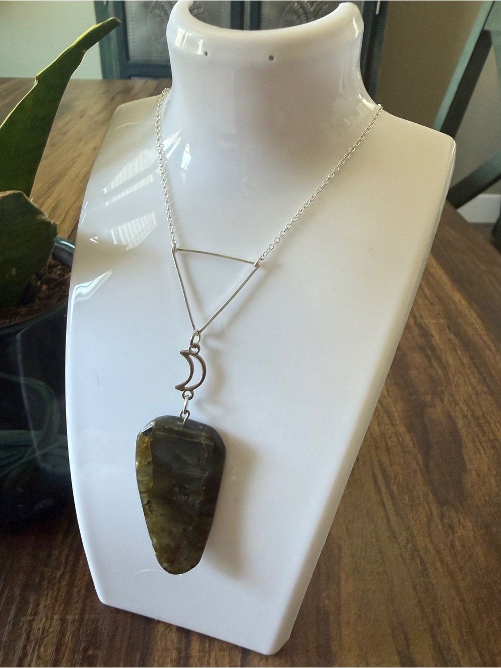 Large Coffin Laborite Necklace with  Silver Triangle Moon Pendant